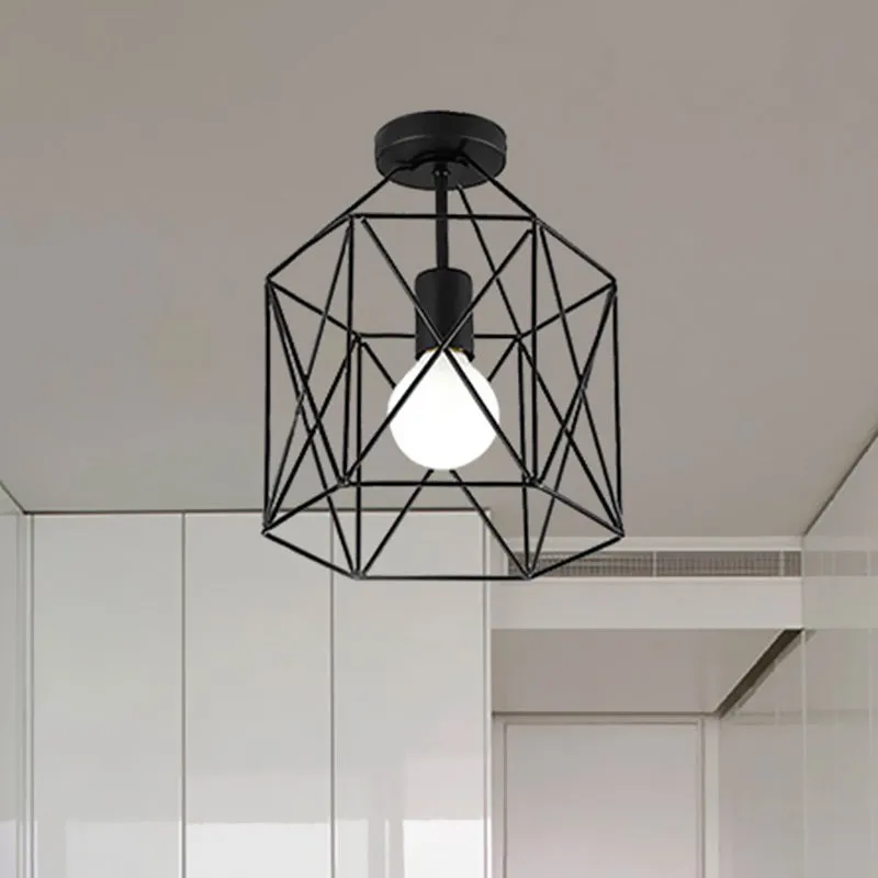 Éclairage Semi-monté à Cage géométrique à 1 tête, finition noire industrielle, luminaire de plafond métallique Semi-encast...