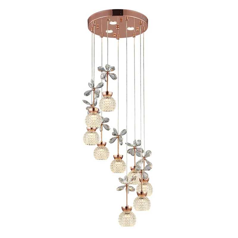 Éclairage suspendu à LED moderne en cristal avec abat-jour en forme de dôme en or rose pour escalier floral Clearhalo