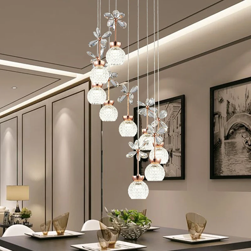 Éclairage suspendu à LED moderne en cristal avec abat-jour en forme de dôme en or rose pour escalier floral Clearhalo