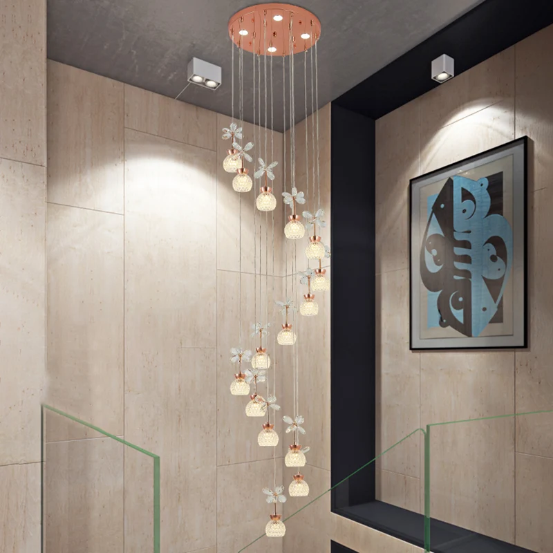 Éclairage suspendu à LED moderne en cristal avec abat-jour en forme de dôme en or rose pour escalier floral Clearhalo