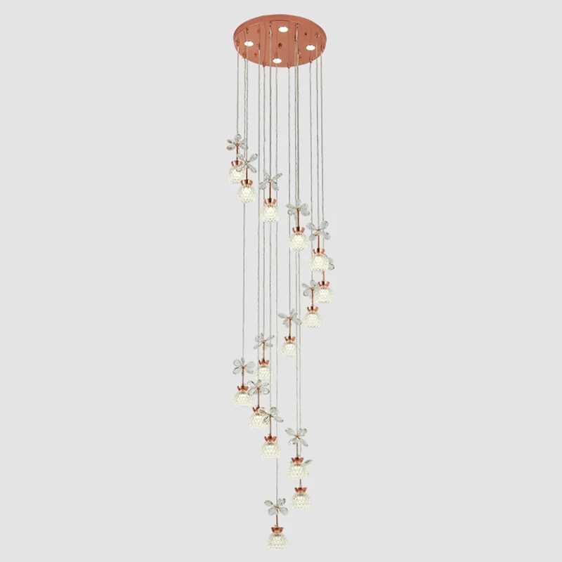 Éclairage suspendu à LED moderne en cristal avec abat-jour en forme de dôme en or rose pour escalier floral Clearhalo