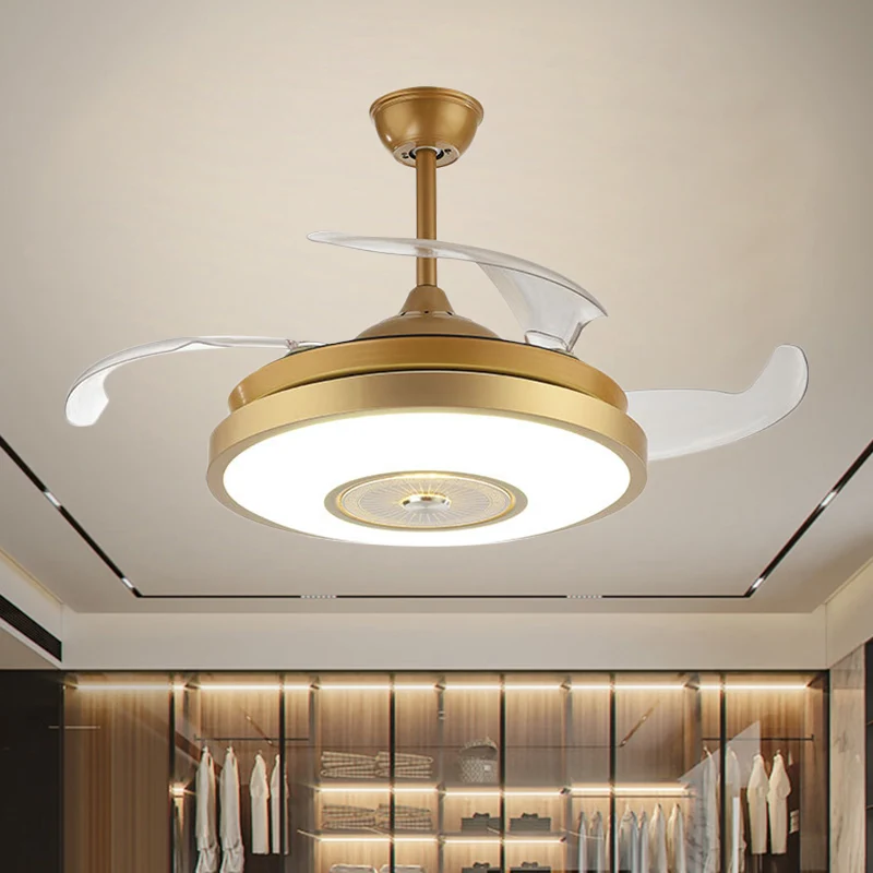 Éclairage de ventilateur suspendu à LED en acrylique rond semi-encastré de style nordique doré à 4 pales pour salon, 42 po...