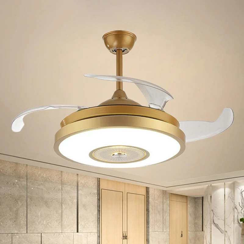 Éclairage de ventilateur suspendu à LED en acrylique rond semi-encastré de style nordique doré à 4 pales pour salon, 42 po...