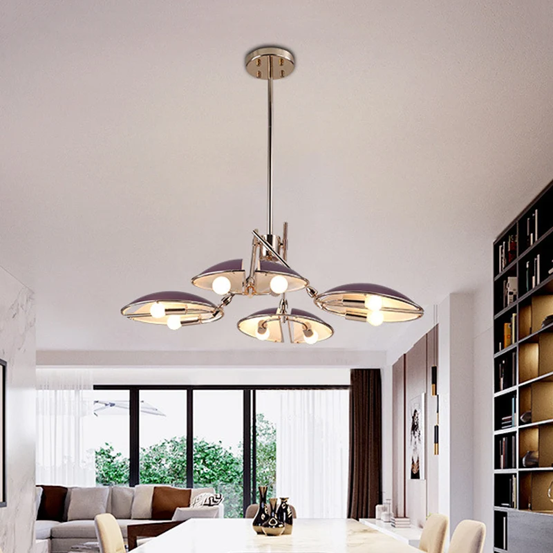Contemporary Flat Dome Hanging Light Metallic 8 Lights Living Room Ceiling Chandelier Purple Clearhalo