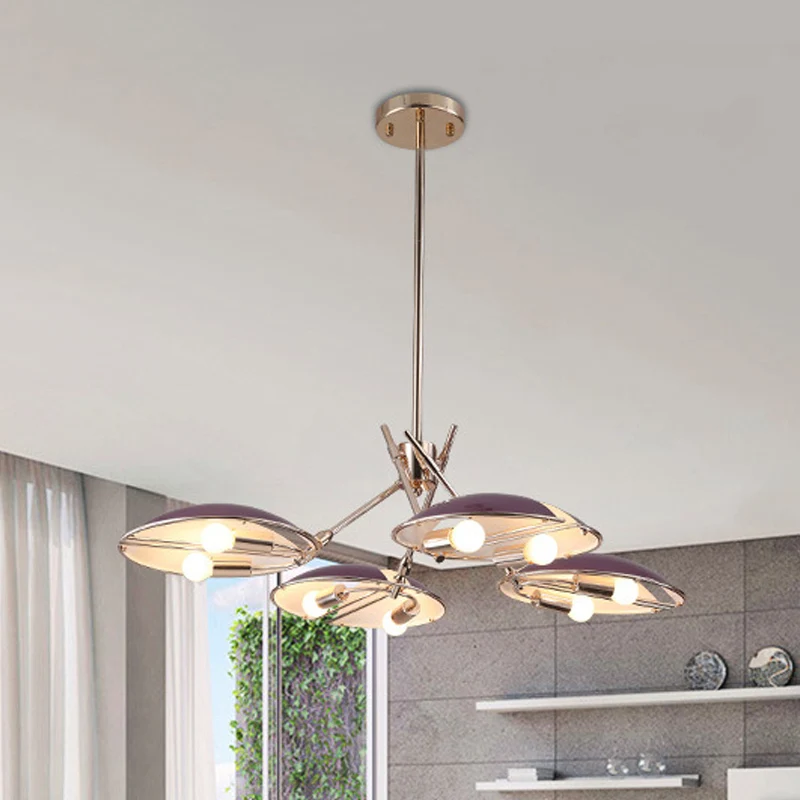 Contemporary Flat Dome Hanging Light Metallic 8 Lights Living Room Ceiling Chandelier Purple Clearhalo