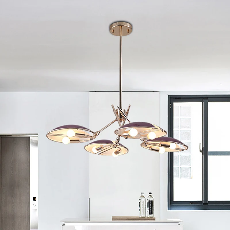 Contemporary Flat Dome Hanging Light Metallic 8 Lights Living Room Ceiling Chandelier Purple Clearhalo
