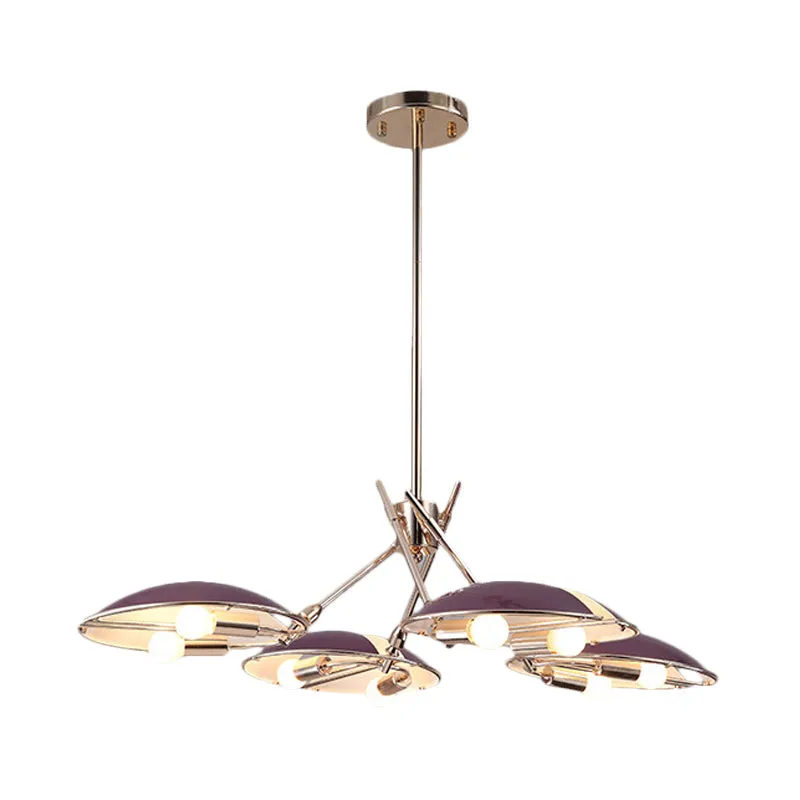 Contemporary Flat Dome Hanging Light Metallic 8 Lights Living Room Ceiling Chandelier Purple Clearhalo