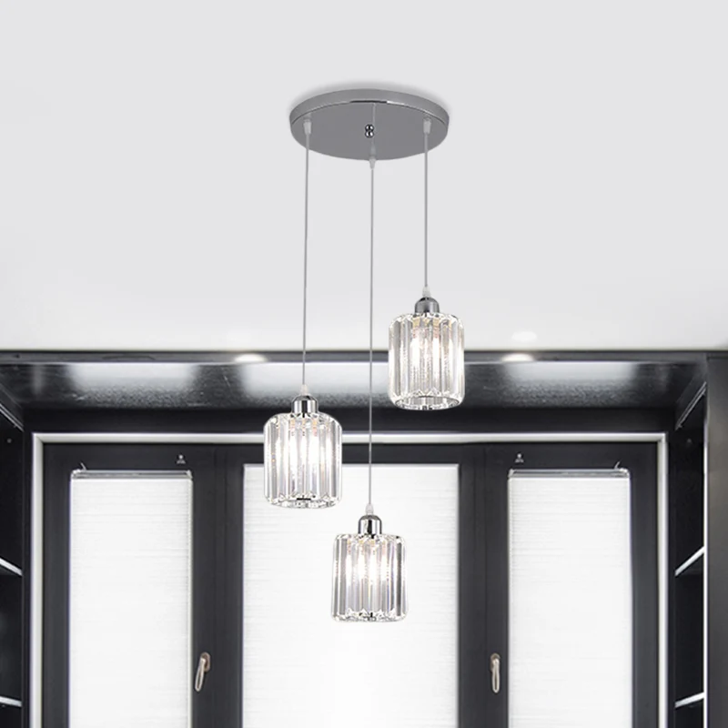 Cylindre clair bloc de cristal multi lumière pendentif modernisme 3 ampoules Chrome Kit de lampe suspendue Clearhalo