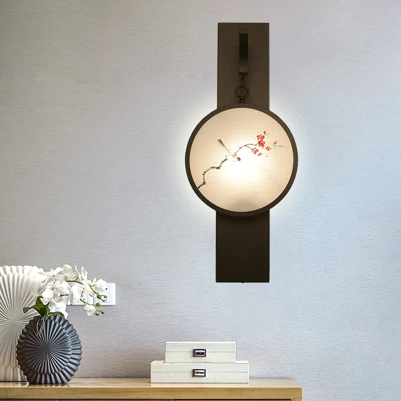 Fleur/oiseau LED murale suspension murale tissu chinois salon de thé lampe murale en noir Clearhalo