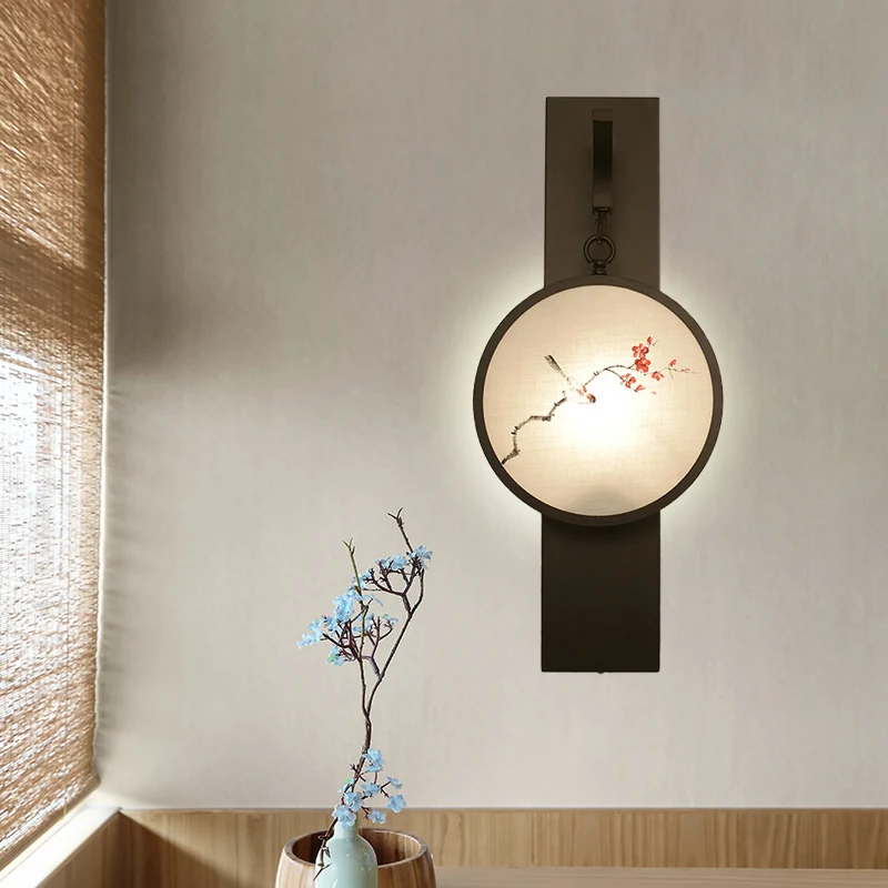 Fleur/oiseau LED murale suspension murale tissu chinois salon de thé lampe murale en noir Clearhalo