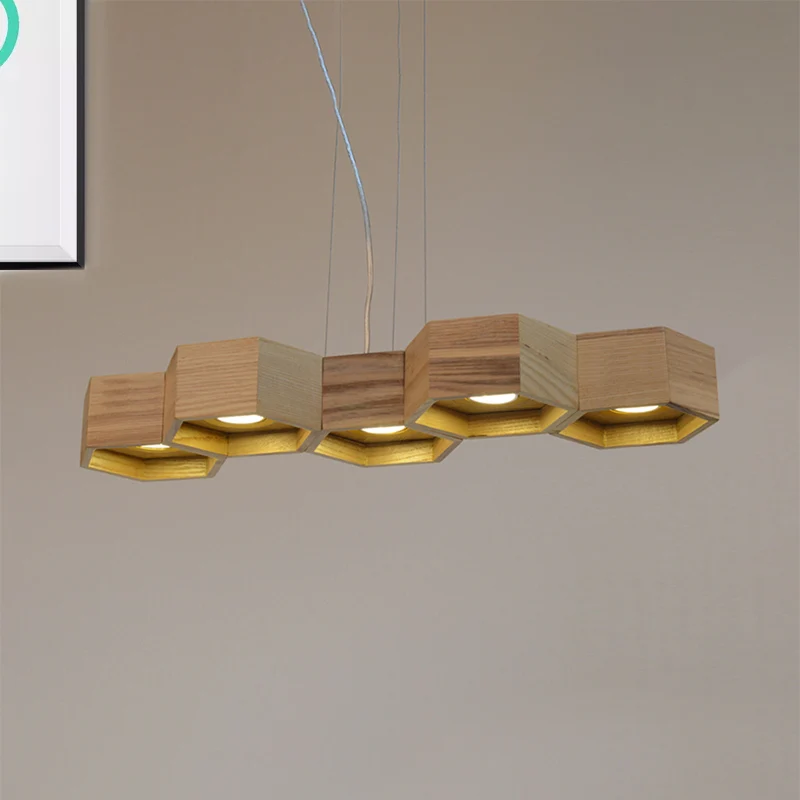 Hexagonal Island Lighting Plafonnier moderne en bois à 5/7 lumières pour salon Clearhalo