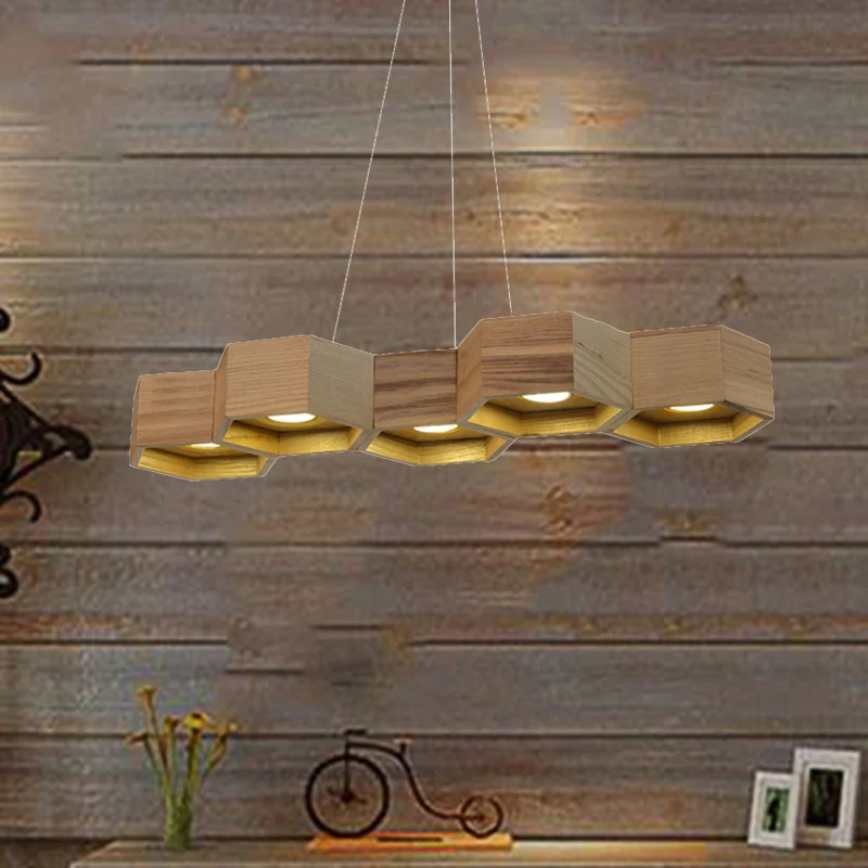 Hexagonal Island Lighting Plafonnier moderne en bois à 5/7 lumières pour salon Clearhalo