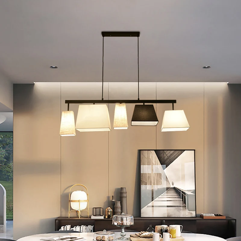 Kit de lampe suspendue trapézoïdale en tissu, 3/5 lumières contemporaines, lumière d'îlot noire et blanche Clearhalo