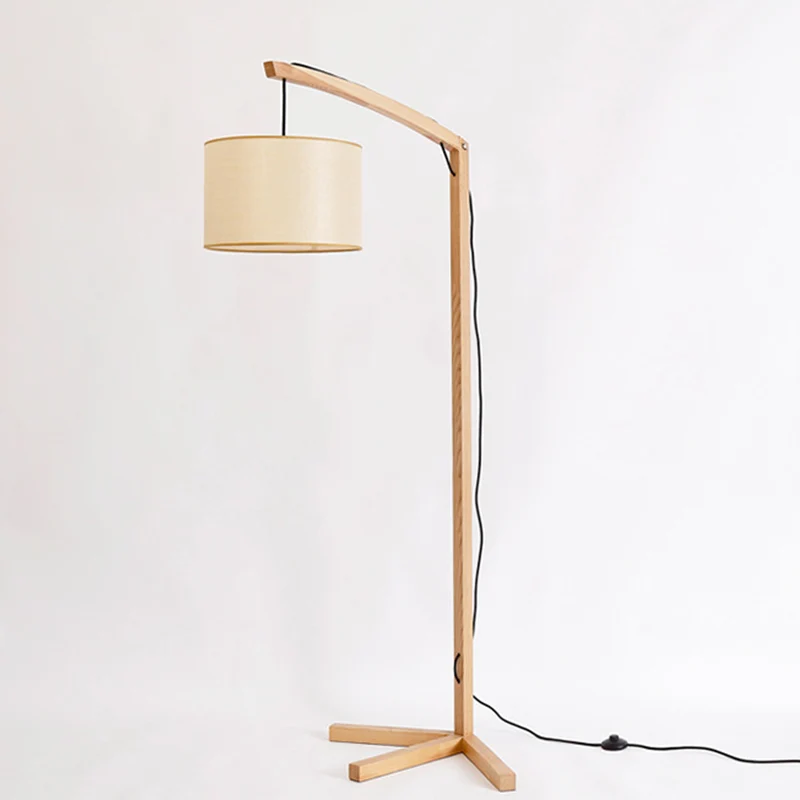 Lampadaire de lecture en tissu cylindrique, lampadaire moderne en bois à 1 ampoule avec poteau à nœud et support de trois...