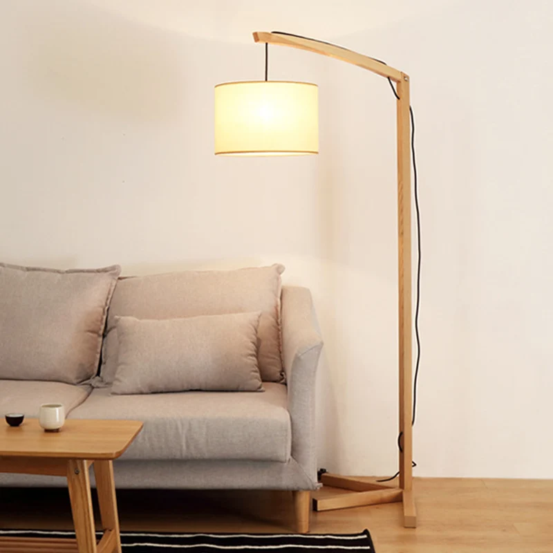 Lampadaire de lecture en tissu cylindrique, lampadaire moderne en bois à 1 ampoule avec poteau à nœud et support de trois...