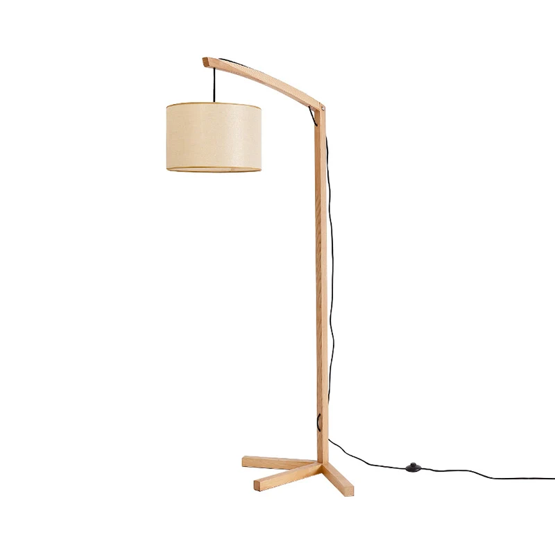 Lampadaire de lecture en tissu cylindrique, lampadaire moderne en bois à 1 ampoule avec poteau à nœud et support de trois...
