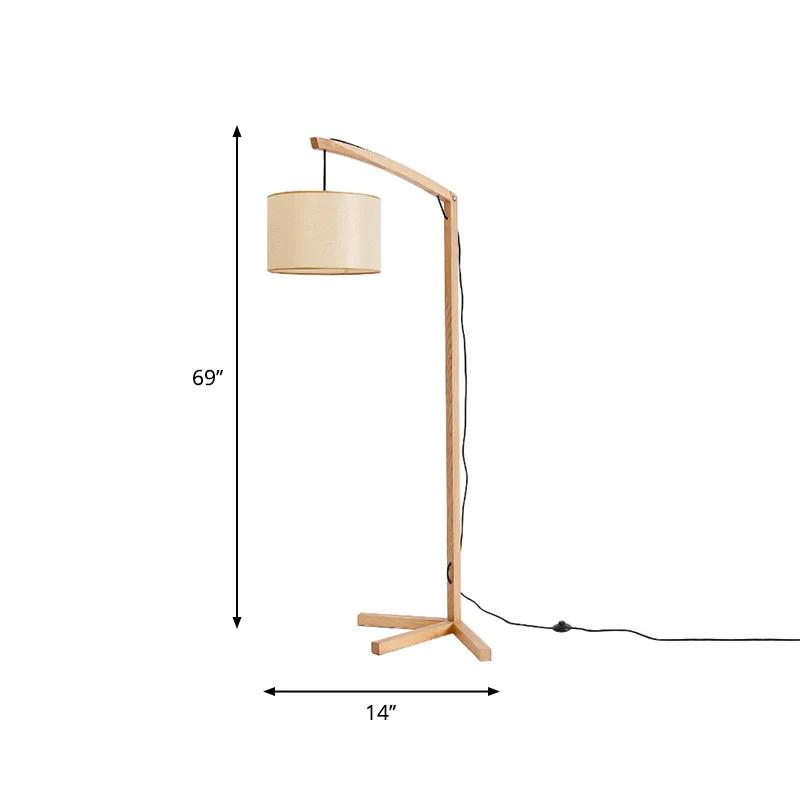 Lampadaire de lecture en tissu cylindrique, lampadaire moderne en bois à 1 ampoule avec poteau à nœud et support de trois...