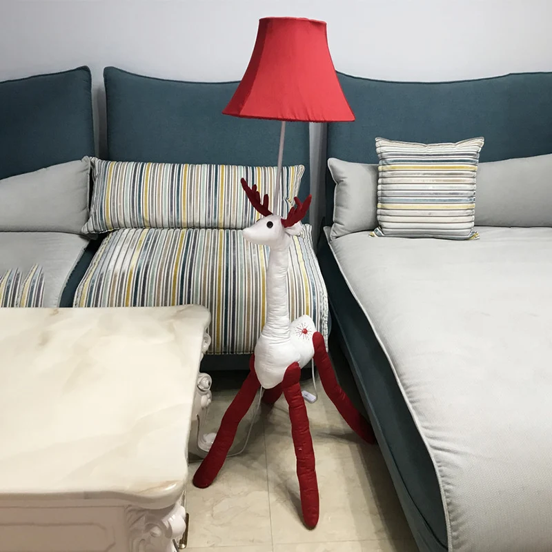 Lampadaire Renne en Tissu Chambre Enfant 1 Lumière Lampadaire Animal avec Abat-Jour Rouge Clearhalo