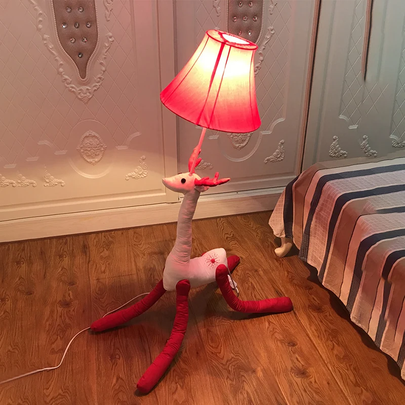 Lampadaire Renne en Tissu Chambre Enfant 1 Lumière Lampadaire Animal avec Abat-Jour Rouge Clearhalo