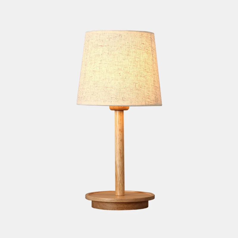 Lampe de bureau conique moderne en tissu, lampe de table de nuit à 1 ampoule en blanc avec base en bois Clearhalo