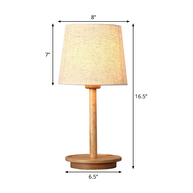 Lampe de bureau conique moderne en tissu, lampe de table de nuit à 1 ampoule en blanc avec base en bois Clearhalo
