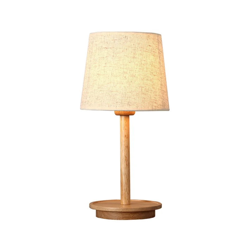 Lampe de bureau conique moderne en tissu, lampe de table de nuit à 1 ampoule en blanc avec base en bois Clearhalo