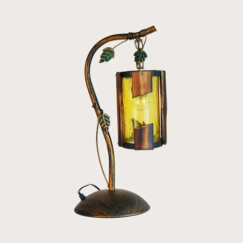 Lampe de bureau cylindrique à 1 tête, finition en laiton, lampe de table en verre craquelé jaune avec base en dôme et bras...