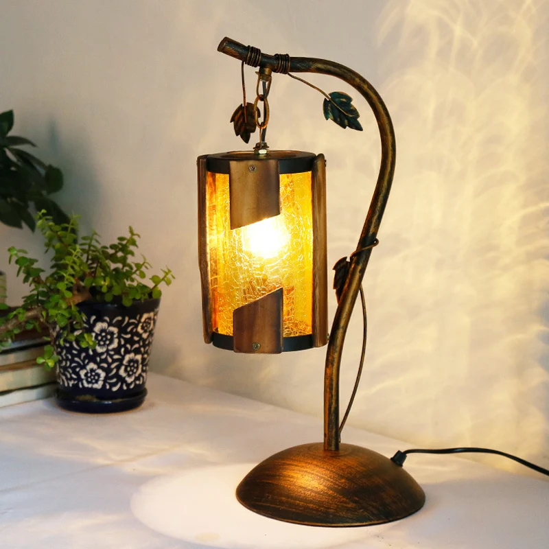 Lampe de bureau cylindrique à 1 tête, finition en laiton, lampe de table en verre craquelé jaune avec base en dôme et bras...