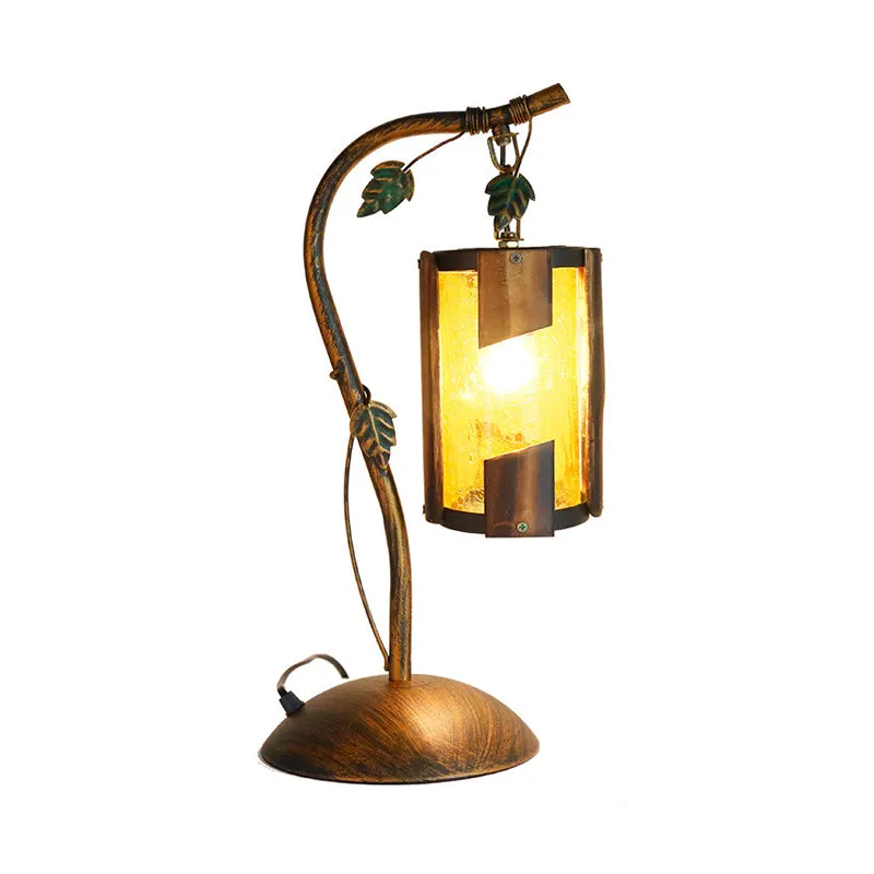 Lampe de bureau cylindrique à 1 tête, finition en laiton, lampe de table en verre craquelé jaune avec base en dôme et bras...