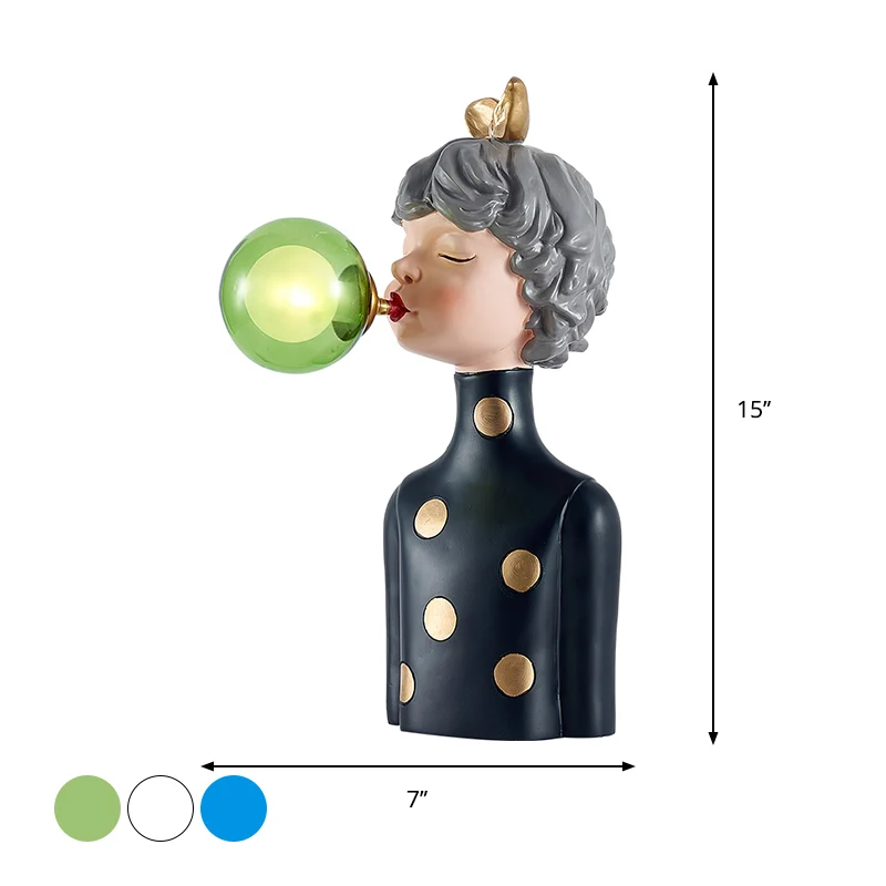 Lampe de bureau en résine Blowing Bubble Girl, 1 ampoule, lampe de nuit noire avec abat-jour en verre transparent/bleu/ver...