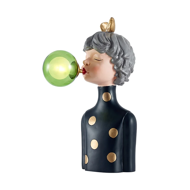 Lampe de bureau en résine Blowing Bubble Girl, 1 ampoule, lampe de nuit noire avec abat-jour en verre transparent/bleu/ver...