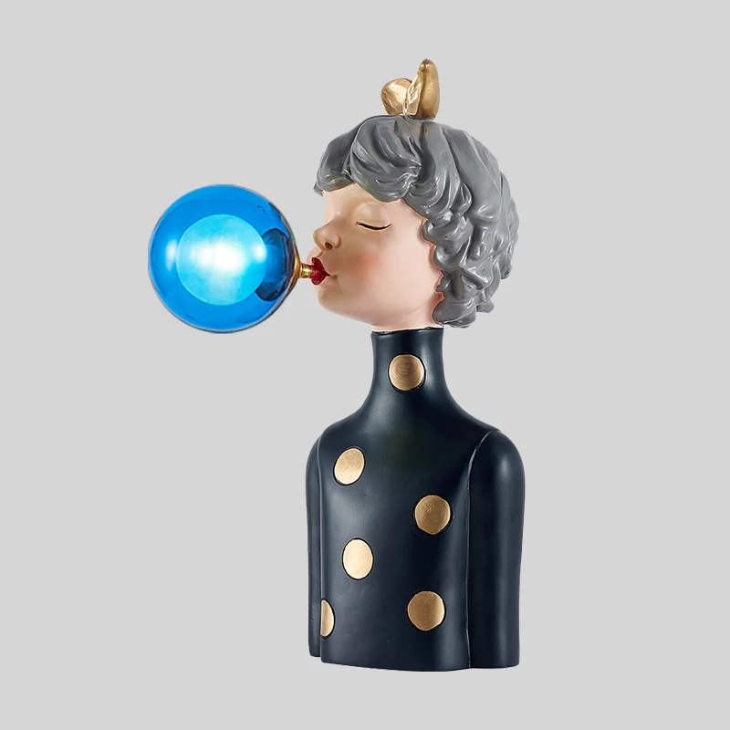 Lampe de bureau en résine Blowing Bubble Girl, 1 ampoule, lampe de nuit noire avec abat-jour en verre transparent/bleu/ver...