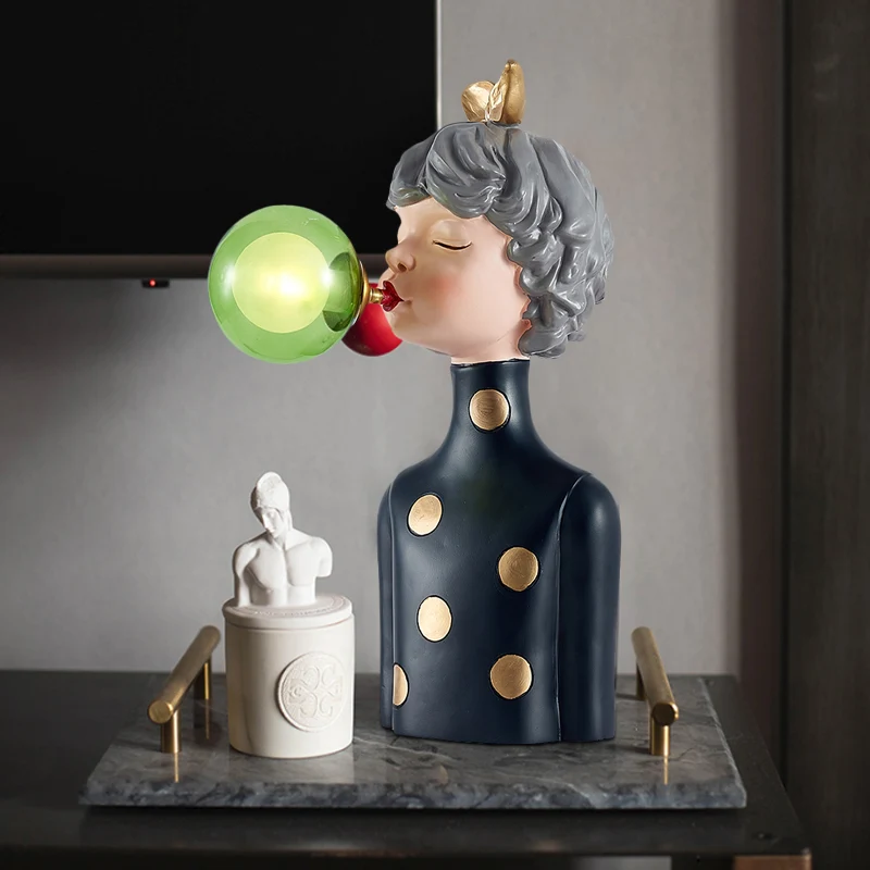 Lampe de bureau en résine Blowing Bubble Girl, 1 ampoule, lampe de nuit noire avec abat-jour en verre transparent/bleu/ver...