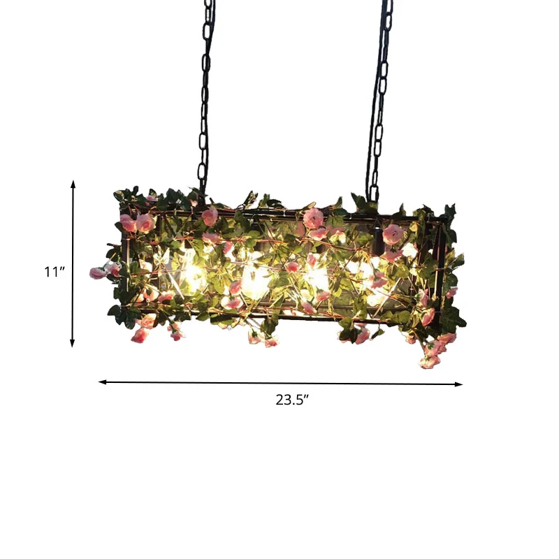 Lampe d'île noire à 4 têtes, plafonnier industriel rectangulaire en métal à LED suspendu à fleurs pour Restaurant Clearhalo
