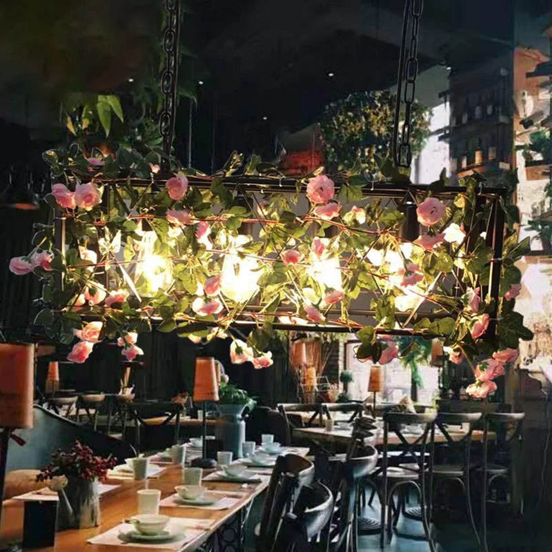 Lampe d'île noire à 4 têtes, plafonnier industriel rectangulaire en métal à LED suspendu à fleurs pour Restaurant Clearhalo