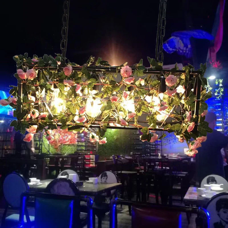 Lampe d'île noire à 4 têtes, plafonnier industriel rectangulaire en métal à LED suspendu à fleurs pour Restaurant Clearhalo