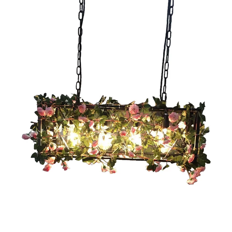 Lampe d'île noire à 4 têtes, plafonnier industriel rectangulaire en métal à LED suspendu à fleurs pour Restaurant Clearhalo