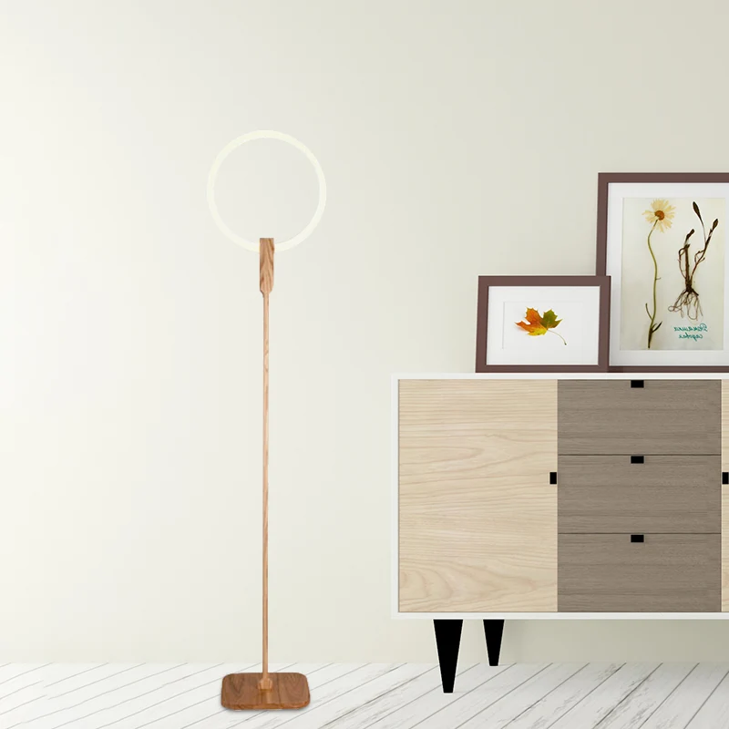 Lampe de lecture circulaire contemporaine en bois pour salle d'étude, lampe LED sur pied en beige Clearhalo