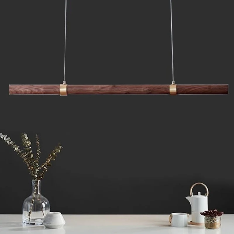 Lampe LED suspendue en forme d'îlot linéaire en bois, style nordique, marron, pour Table à manger Clearhalo