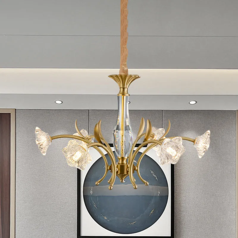 Lampe de lustre à fleurs en cristal postmoderne suspendue à 6 lumières dorées au-dessus de la table à manger Clearhalo