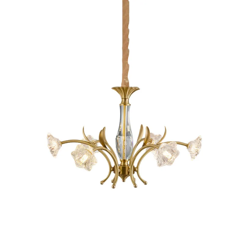 Lampe de lustre à fleurs en cristal postmoderne suspendue à 6 lumières dorées au-dessus de la table à manger Clearhalo