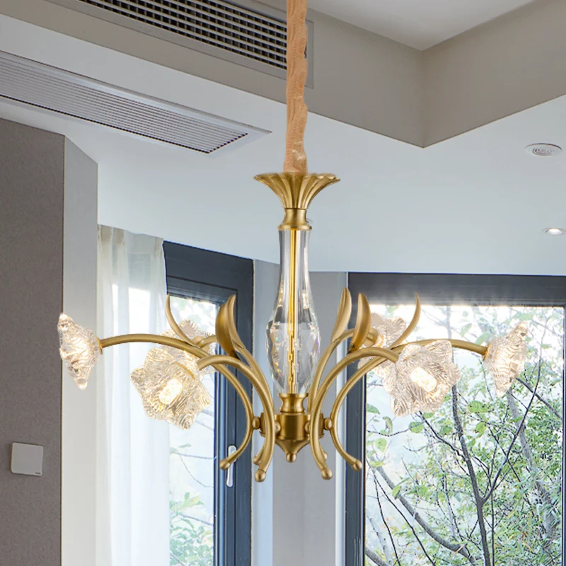 Lampe de lustre à fleurs en cristal postmoderne suspendue à 6 lumières dorées au-dessus de la table à manger Clearhalo