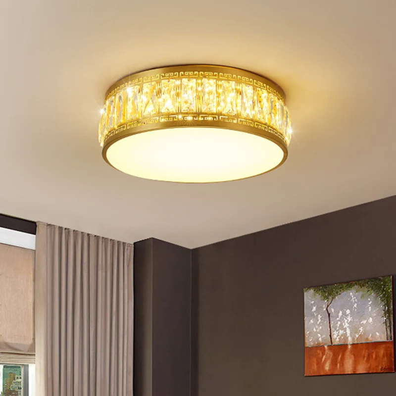 Lampe à montage encastré tambour finition dorée, luminaire LED moderne pour chambre à coucher, cristaux clairs rectangulai...