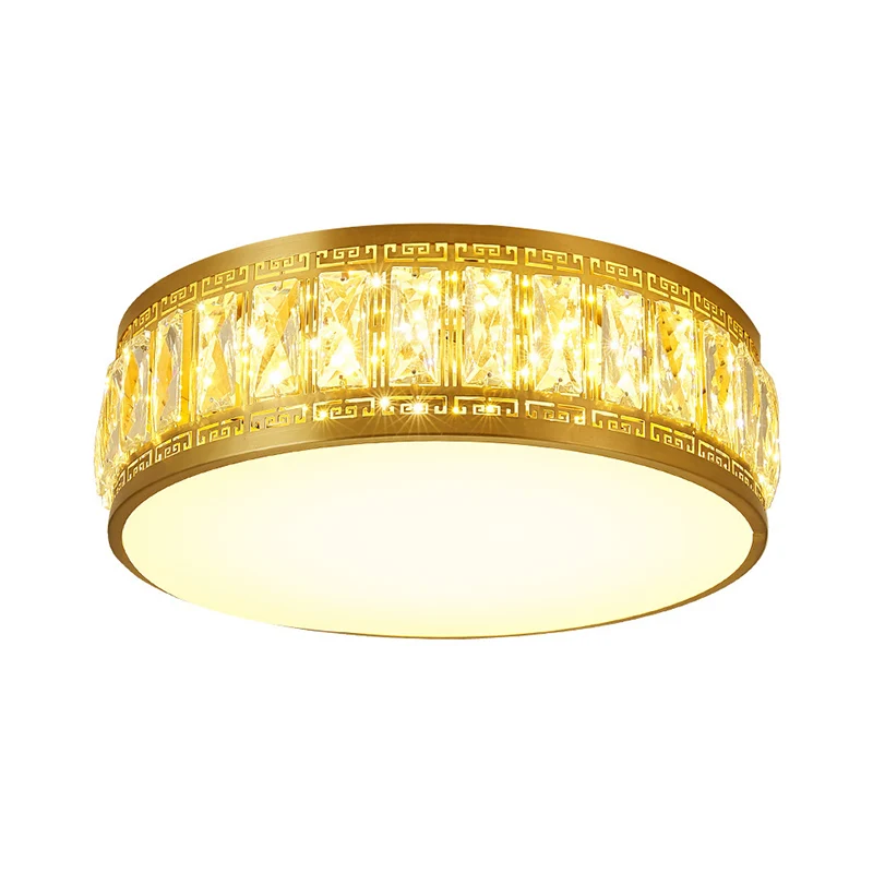 Lampe à montage encastré tambour finition dorée, luminaire LED moderne pour chambre à coucher, cristaux clairs rectangulai...