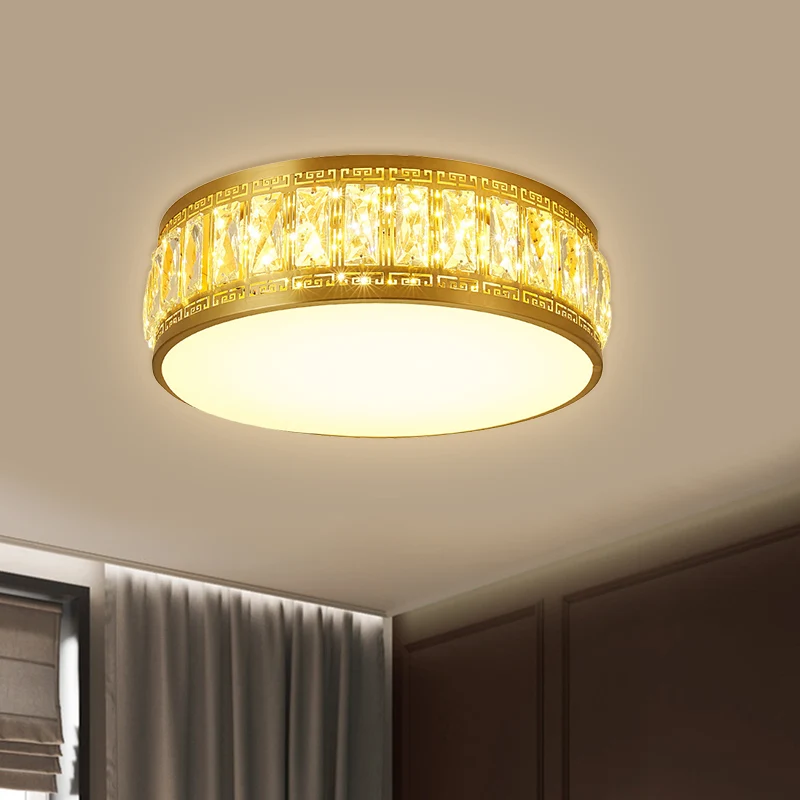 Lampe à montage encastré tambour finition dorée, luminaire LED moderne pour chambre à coucher, cristaux clairs rectangulai...