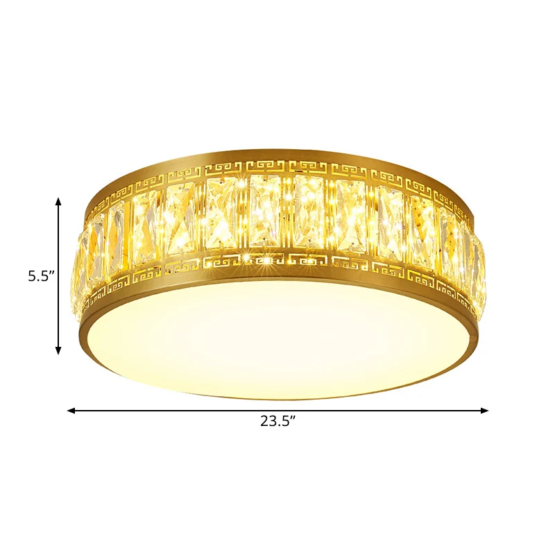 Lampe à montage encastré tambour finition dorée, luminaire LED moderne pour chambre à coucher, cristaux clairs rectangulai...