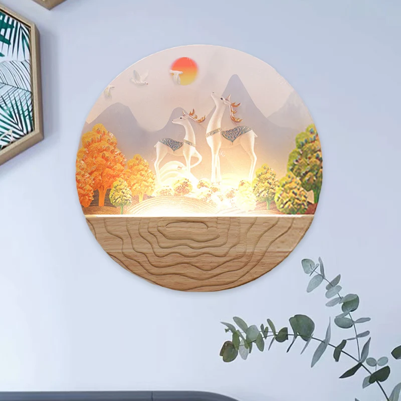 Lampe murale en bois d'élan et de montagne arrondie, luminaire mural LED en acrylique de Style minimaliste Clearhalo