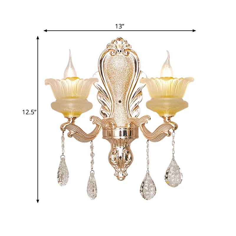 Lampe murale florale du milieu du siècle, applique murale en cristal à 2 ampoules, éclairage doré pour le salon Clearhalo