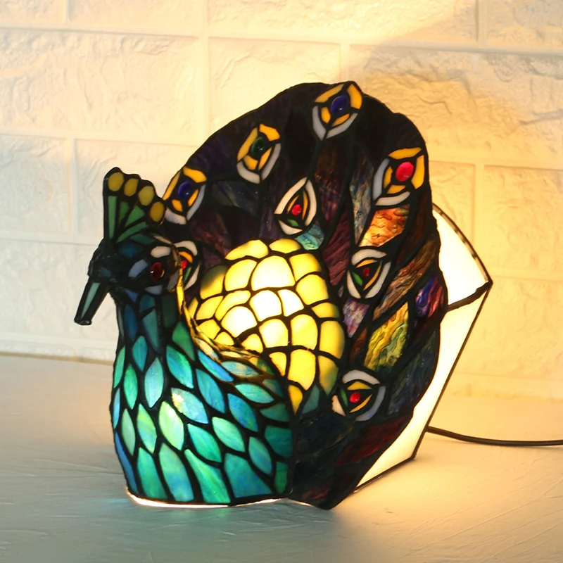 Lampe de nuit bleue à 1 tête, vitrail méditerranéen, éclairage de table en forme de paon Clearhalo