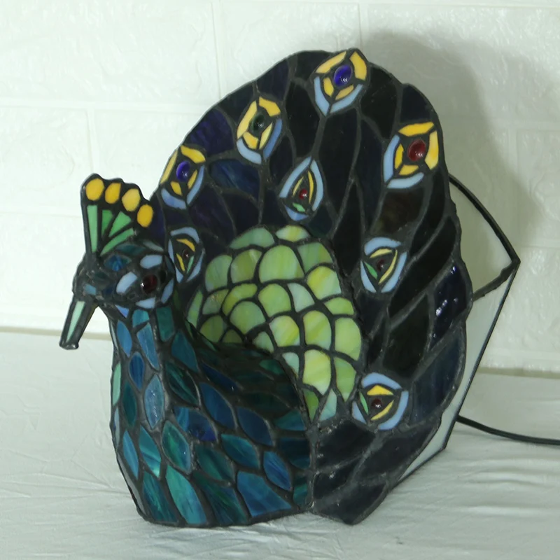 Lampe de nuit bleue à 1 tête, vitrail méditerranéen, éclairage de table en forme de paon Clearhalo